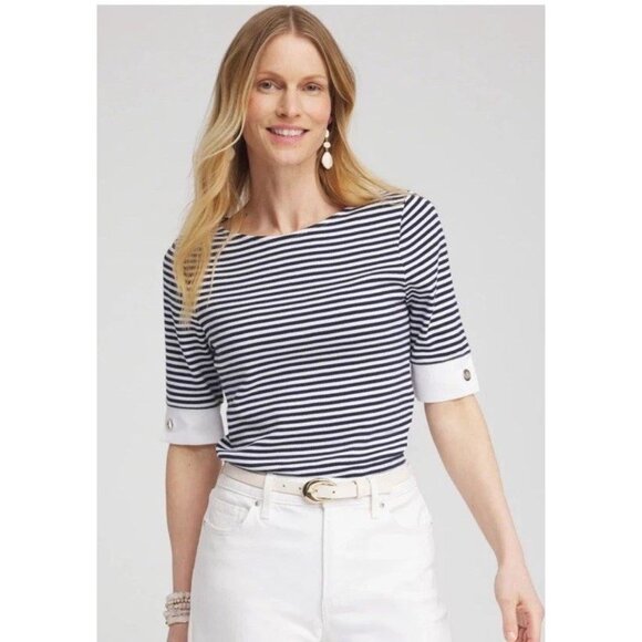 Chico's Grommet Detailed Striped Classic Roundneck Short Sleeve Top Large - Picture 1 of 8